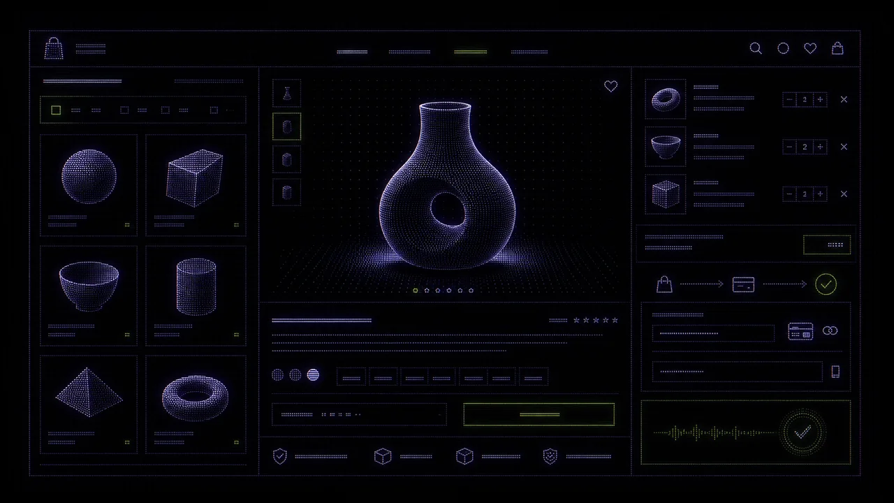 CRT artwork of an online storefront and checkout system